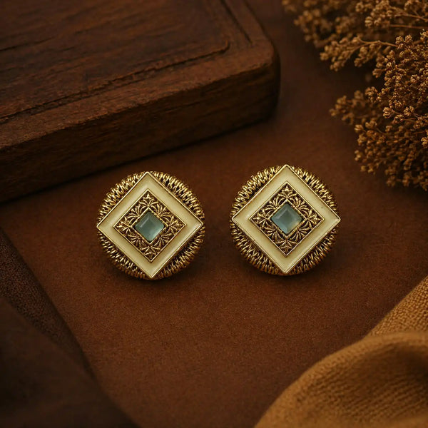 Ivory Square Antique Gold Stud Earrings with Sage Crystal