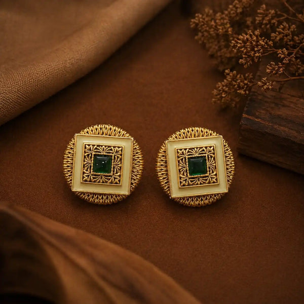 Emerald Square Antique Gold Stud Earrings with Ivory Frame