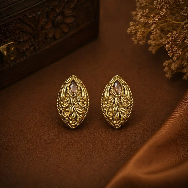 Vintage Leaf Motif Antique Gold Stud Earrings