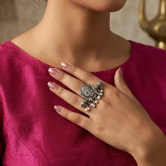 Oxidised Tribal Pearl Drop Statement Ring