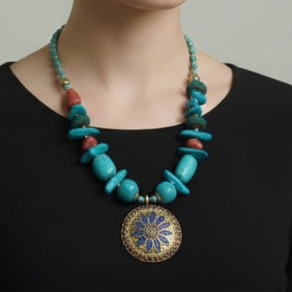 Turquoise Beaded Statement Necklace with Floral Pendant