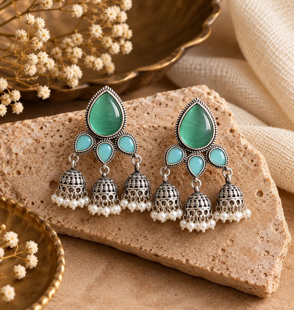 Aqua Jade – Sea Green & Aqua Blue Oxidised Triple Jhumka Earrings