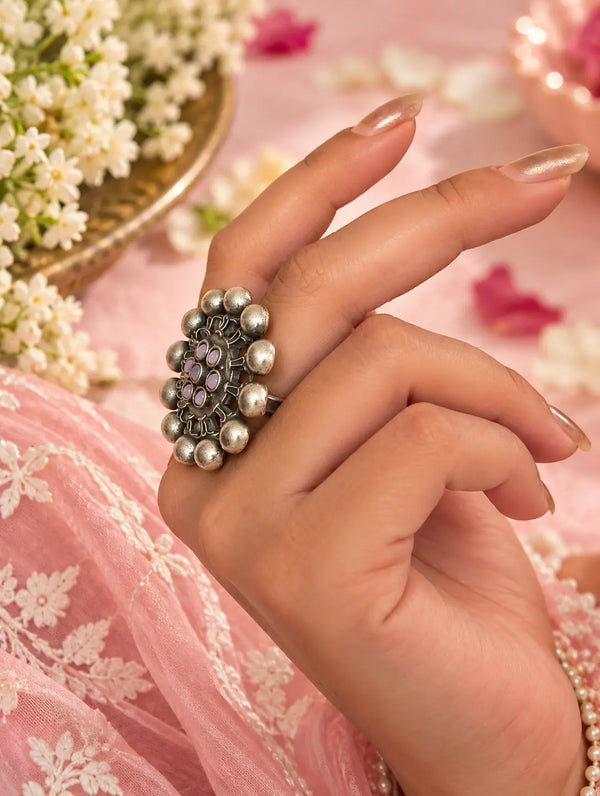 Peachy Pink Tribal Silver Statement Ring with Floral Motif