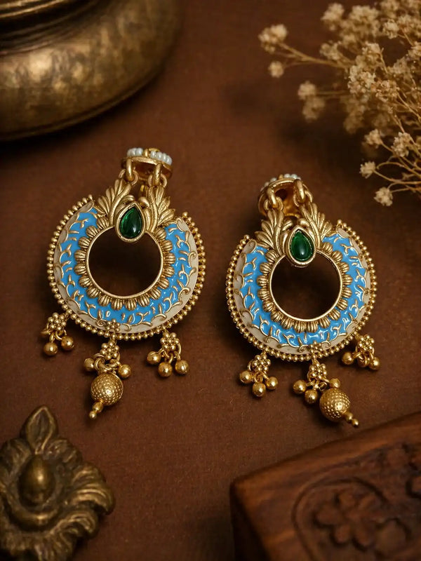 Royal Azure Antique Gold Chandbali Earrings with Emerald Drop