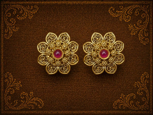 Antique Floral Ruby Stud Earrings – Vintage Gold Finish