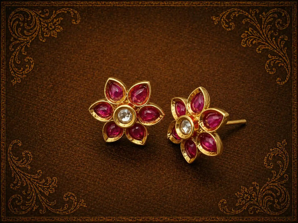 Ruby Blossom Floral Stud Earrings – Gold Finish