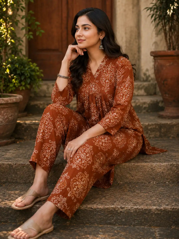 Rust Ethnic Printed Cotton Cord Set