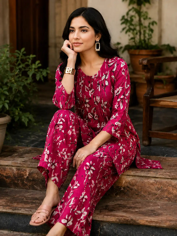 Fuchsia Floral Printed Cotton Cord Set