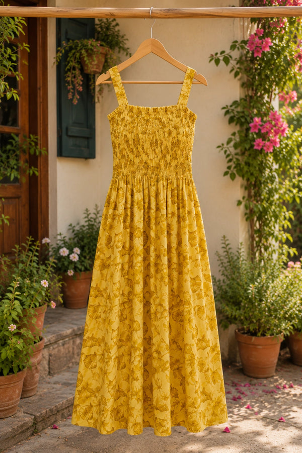 Mustard Yellow Floral Motifs Cotton Smocked Fit & Flare Dress