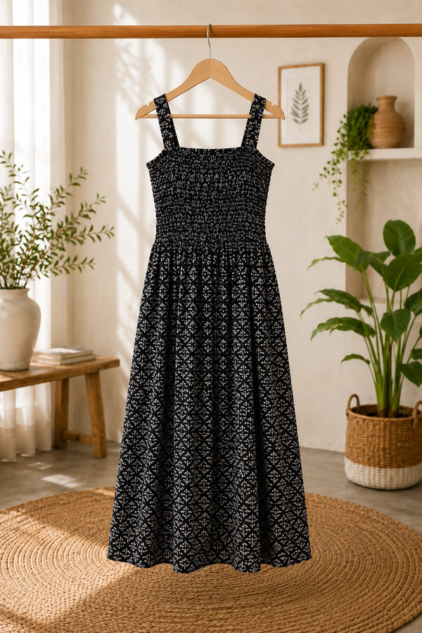 Deep Indigo Ethnic Motifs Cotton Smocked Fit & Flare Dress