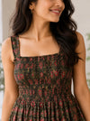 Olive Green Ethnic Motifs Cotton Smocked Fit & Flare Dress