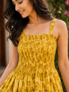 Mustard Yellow Floral Motifs Cotton Smocked Fit & Flare Dress