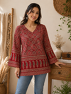 Red Ajrakh Geometric Bell Sleeve Kurti Top