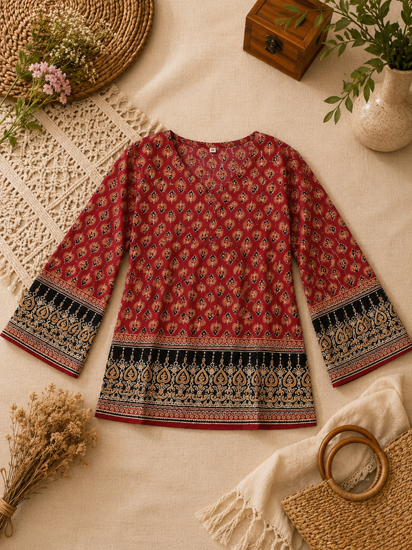Red Ajrakh-Inspired Bell Sleeve Kurti Top