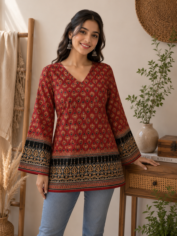 Red Ajrakh-Inspired Bell Sleeve Kurti Top