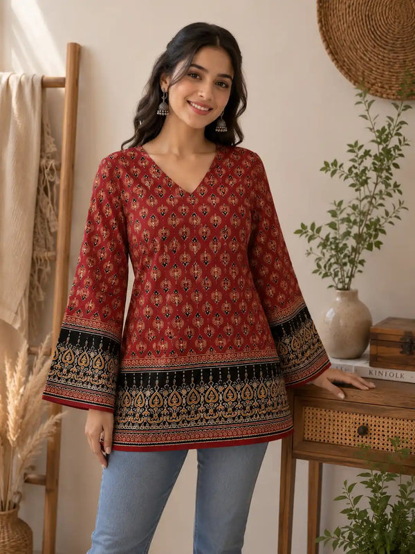 Red Ajrakh-Inspired Bell Sleeve Kurti Top