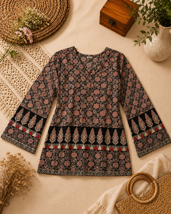 Black Ajrakh Geometric Bell Sleeve Kurti Top