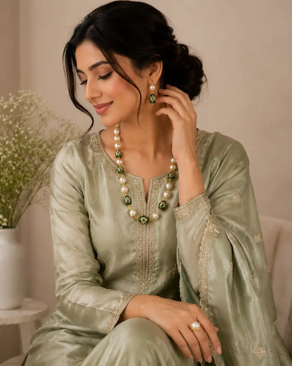 Zareen Pearl & Emerald Bead Necklace Set