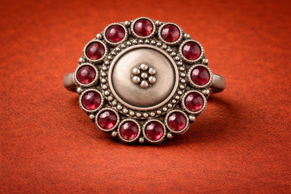 Crimson Medallion Oxidized Statement Ring