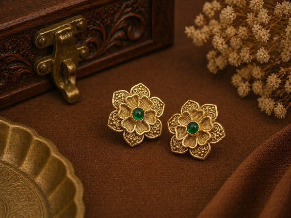 Emerald Blossom Antique Floral Stud Earrings