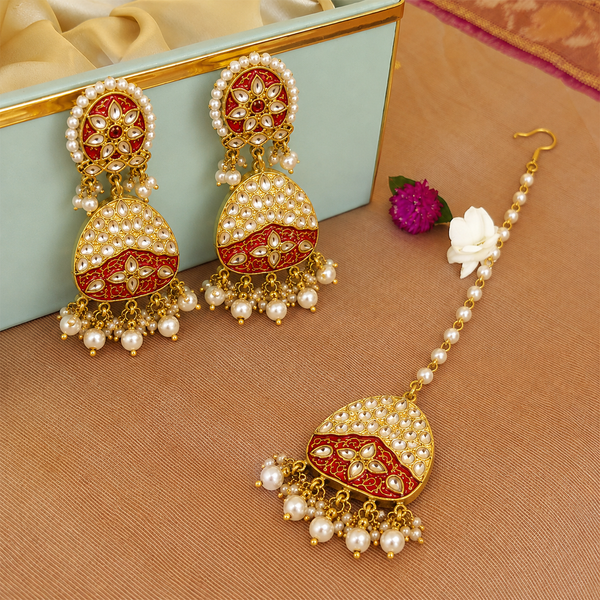 Traditional Red Kundan Pearl Drop Earrings & Maang Tikka Set for Women | Wedding, Festive & Ethnic Wear | BrownIndian