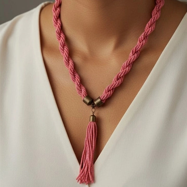 Braided Dusty Rose Tassel Necklace