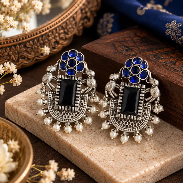 Royal Blue Brass Peacock Motif Statement Earrings