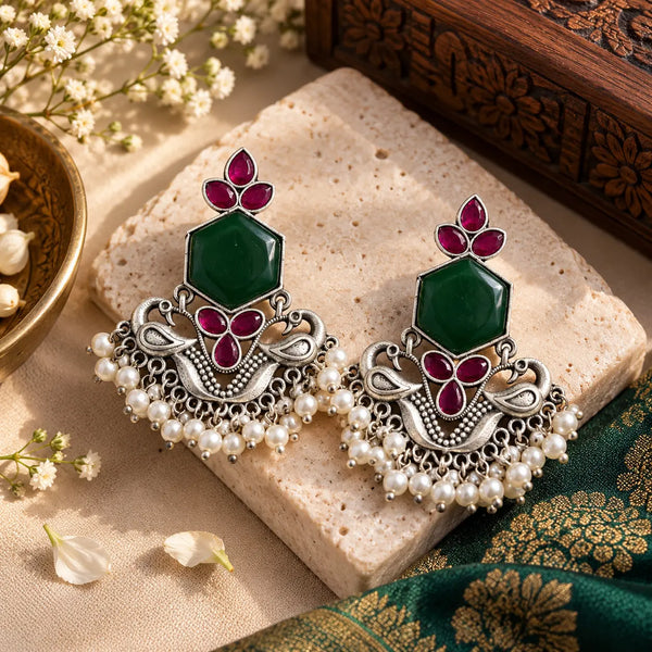 Emerald Green and Ruby Pink Oxidised Peacock Chandbali Earrings