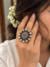 Peachy Pink Tribal Silver Statement Ring with Floral Motif