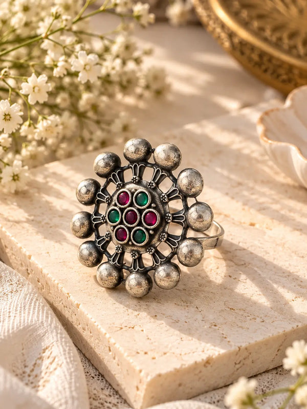 Multi Tribal Silver Statement Ring with Floral Motif
