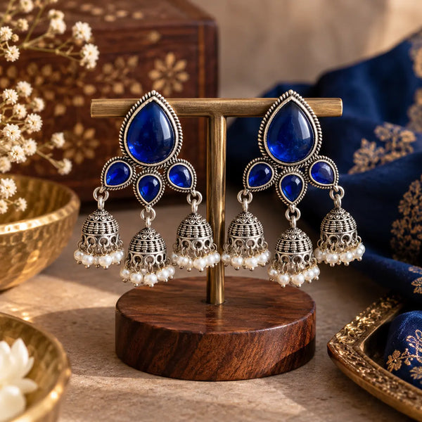 Royal Blue Oxidised Triple Jhumka Earrings