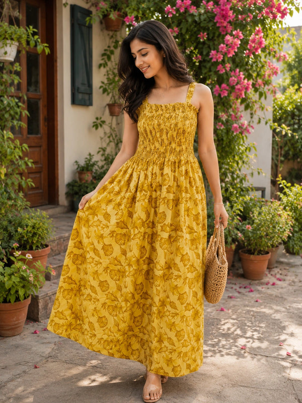 Mustard Yellow Floral Motifs Cotton Smocked Fit & Flare Dress