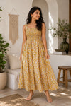 Ziya Mustard Floral Motifs Cotton Smocked Fit & Flare Dress