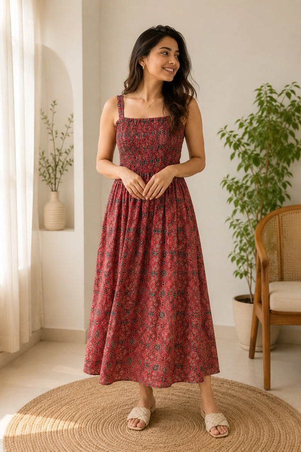 Aarvi Red Cotton Fit & Flare Dress for Women