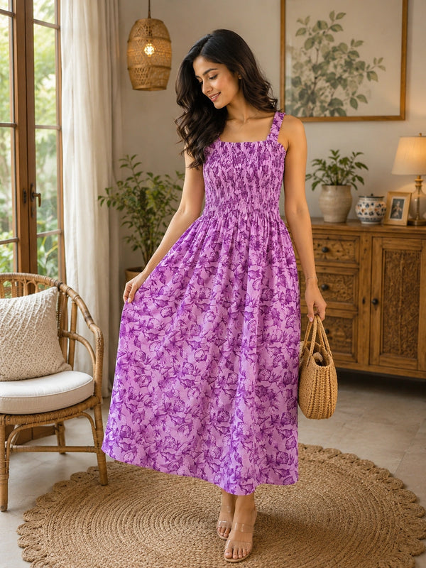 Lavender Floral Motifs Cotton Smocked Fit & Flare Dress