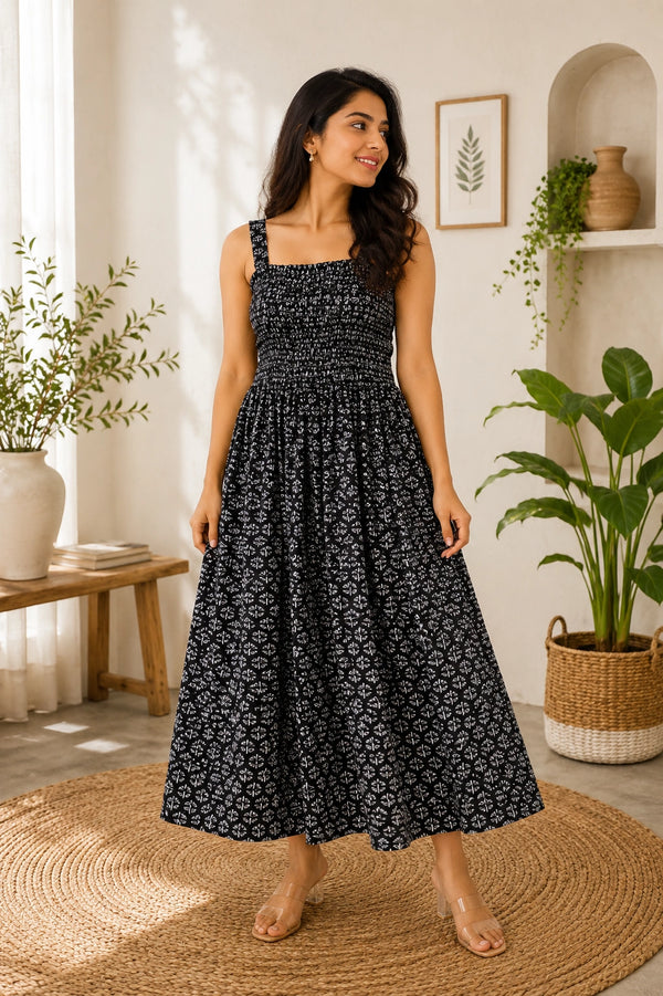 Deep Indigo Ethnic Motifs Cotton Smocked Fit & Flare Dress