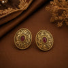 Royal Medallion Antique Gold Stud Earrings with Ruby Accent