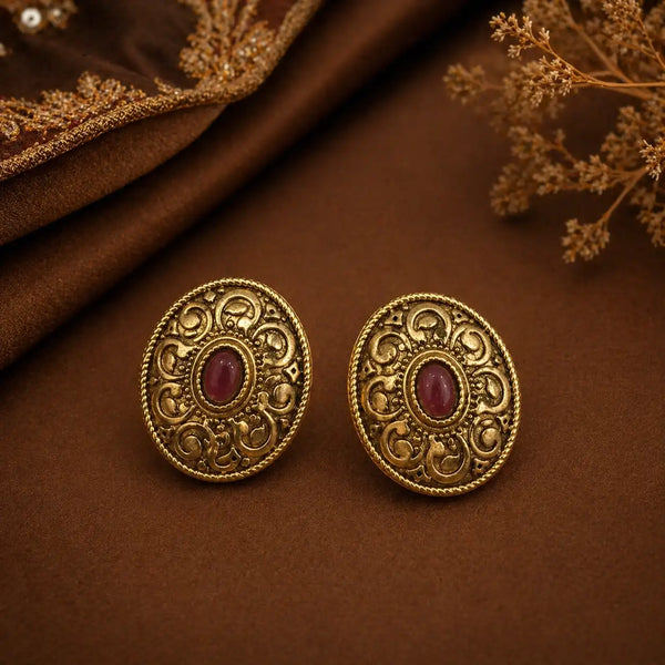 Royal Medallion Antique Gold Stud Earrings with Ruby Accent