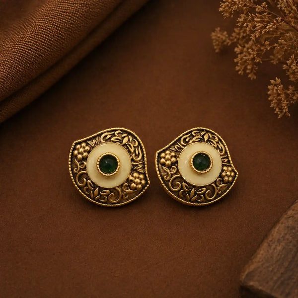 Emerald Ivory Antique Gold Statement Stud Earrings