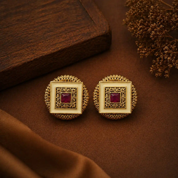 Antique Gold Stud Earrings with Ivory Frame