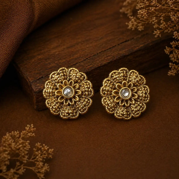 Golden Bloom Antique Floral Stud Earrings with Crystal Center