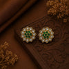 Emerald Radiance Antique Gold Floral Stud Earrings with Crystal Halo