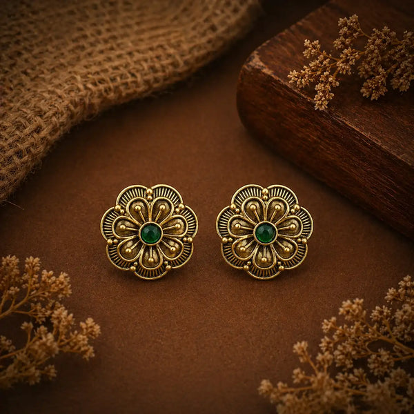 Emerald Bloom Antique Gold Floral Stud Earrings
