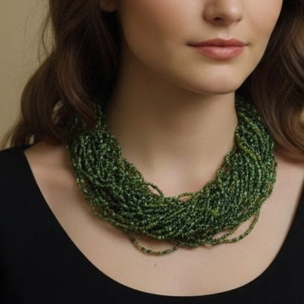 Multi-Strand Moss Green Bead Necklace