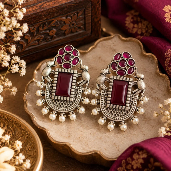 Deep Wine Maroon Brass Peacock Motif Statement Earring