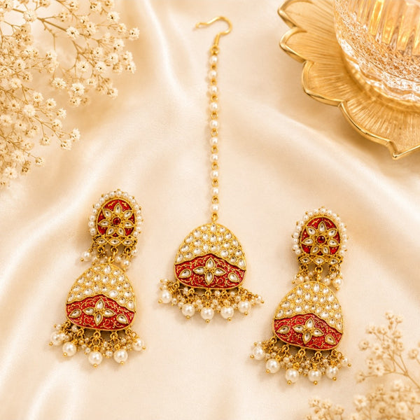 Traditional Red Kundan Pearl Drop Earrings & Maang Tikka Set for Women | Wedding, Festive & Ethnic Wear | BrownIndian