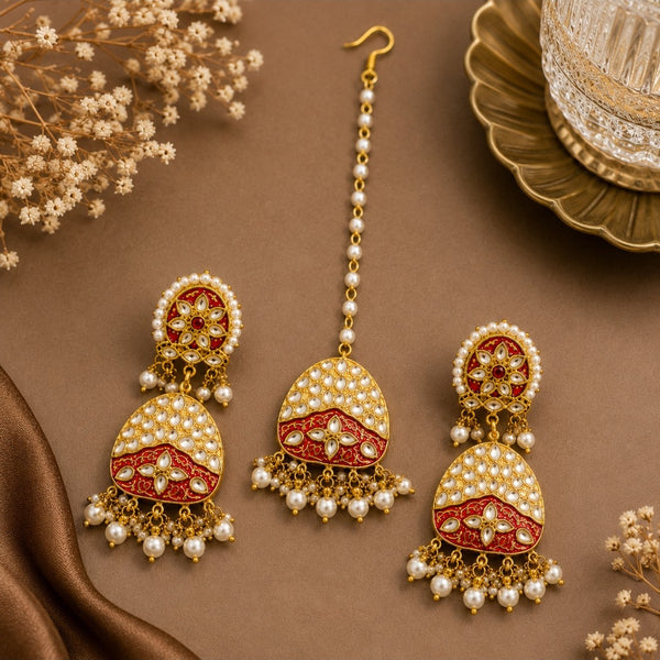 Traditional Red Kundan Pearl Drop Earrings & Maang Tikka Set for Women | Wedding, Festive & Ethnic Wear | BrownIndian