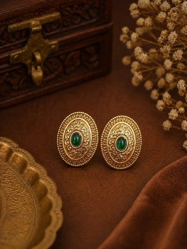 Emerald Glow Antique Oval Stud Earrings