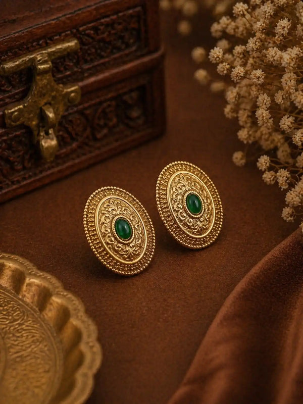 Emerald Glow Antique Oval Stud Earrings