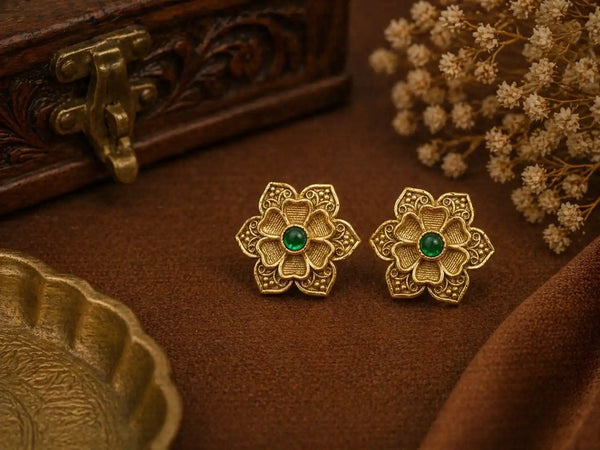 Emerald Blossom Antique Floral Stud Earrings